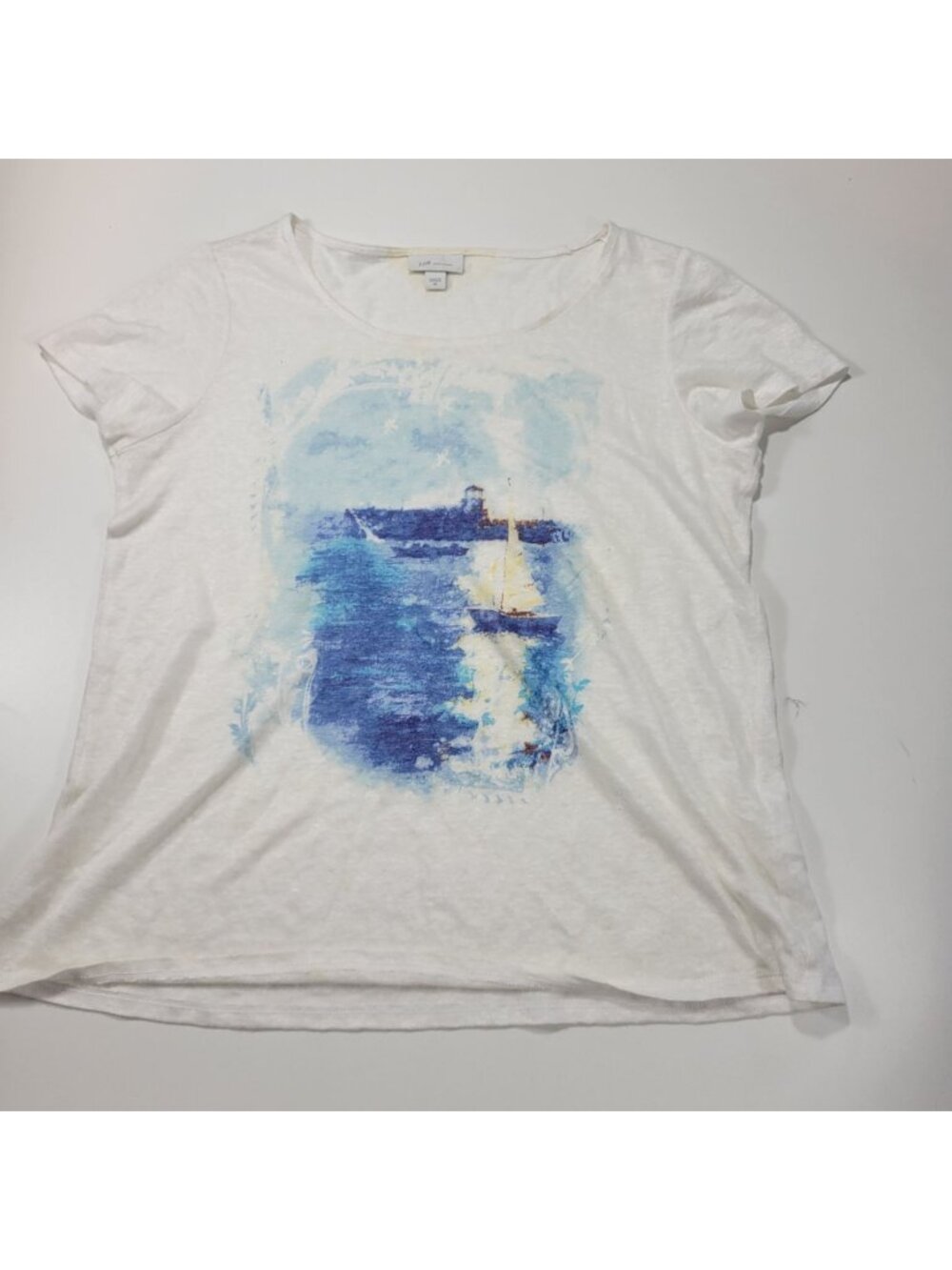 J. Jill Love Linen Top Womens XS 100% Linen White Blue Nautical Sail Boat CL010